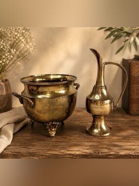 Brass Mini Ewer Pitcher Genie Bottle Flower Planter Censer Cauldron Set India